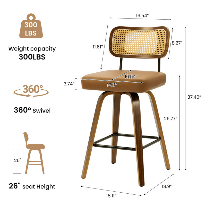 Ensemble de 2 tabourets pivotants à hauteur de comptoir avec dossier en rotin, Brown, 2