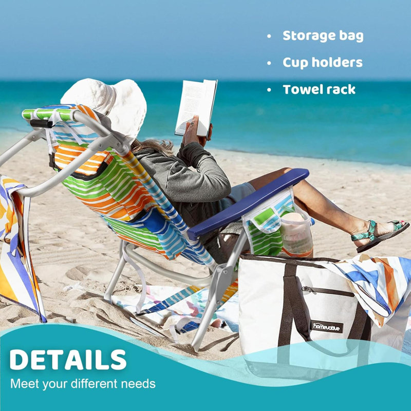 Chaises de plage à dos pour adultes, paquet de 1/2 chaise de camping pliante robuste avec grandes poches et porte-gobelet, porte-serviettes haut réglable pour l'extérieur, voyage