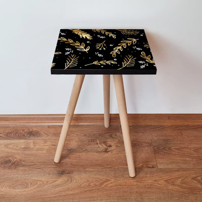 Modern Side Table with Beech Wood Legs, Black, Gold & White, 13.8 x 16.5 x 13.8 inches | 100% MDF Construction, Thickness: 0.7 inches | Stylish Flower Design, Perfect for Living Room & Bedroom Decor