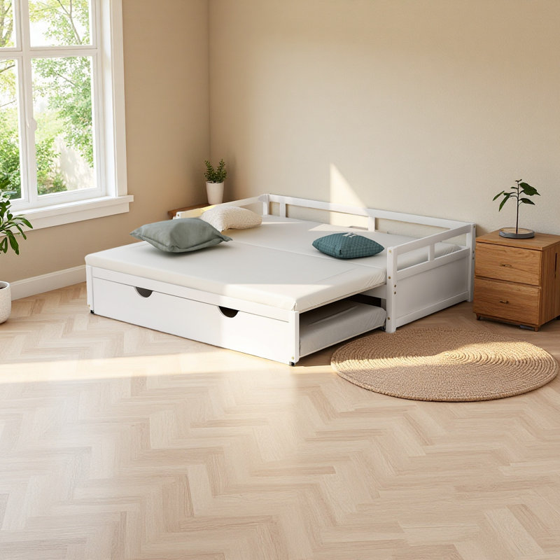 Lit de jour extensible avec couchette, lit de jour en bois avec couchette, Blanc