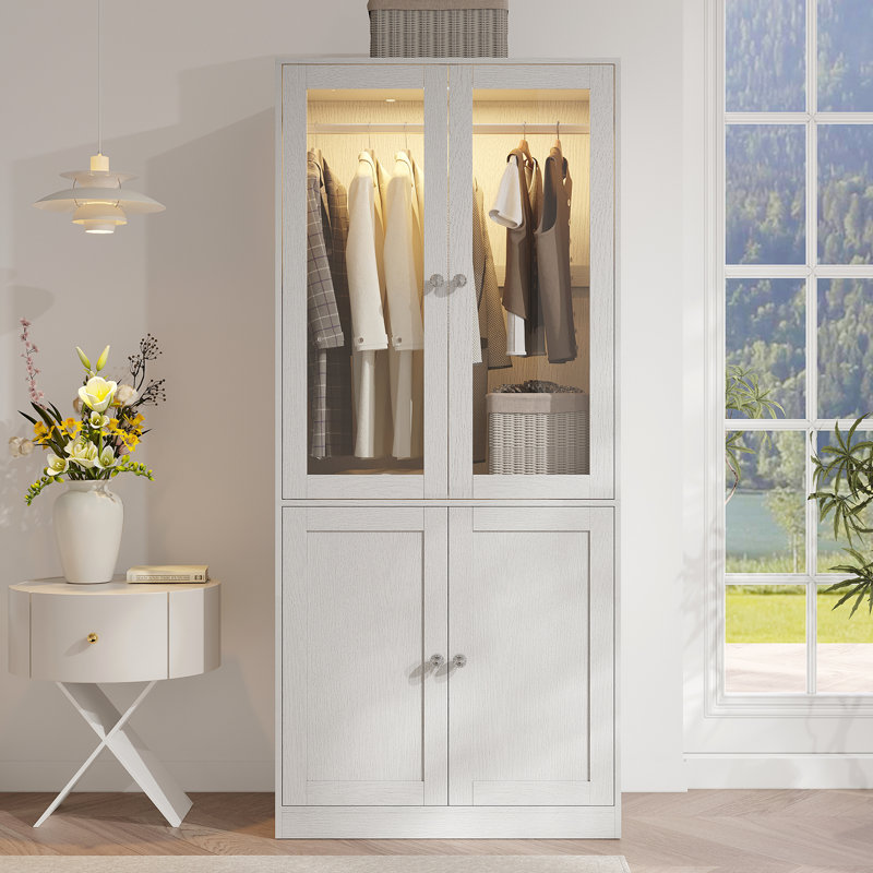 Armoire-penderie 75 "avec tiroirs et lumières, armoire de rangement pour vêtements avec 2 portes en verre , Blanc