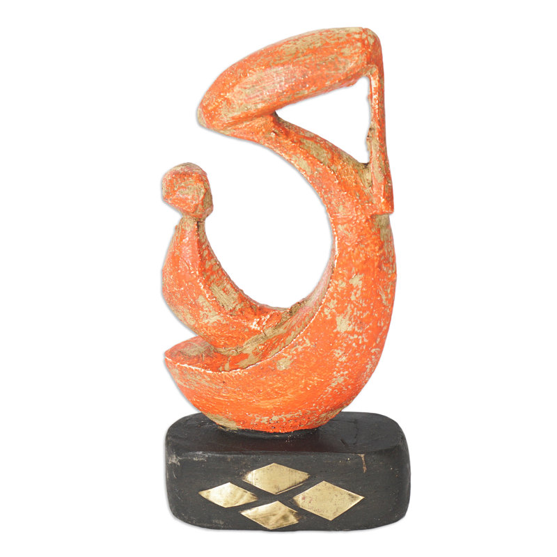 Hand-Painted Orange and Black Wood Sculpture with Brass Accents