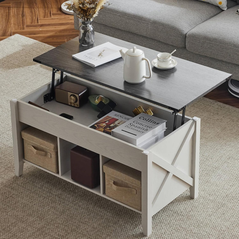 37.8in Extensible Lift Artificial Board Black, Gray, And White Color-Blocking Coffee Table, White, Gray