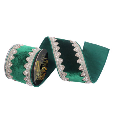 4" x 5yd Velvet Wired Ribbon with Zig-zag Champagne Trim accented with small round faux Pearls and Jewels. Dupion Backing. Measuring 4 inches in width and 5 yards in length, it's perfect for a variety of festive projects.