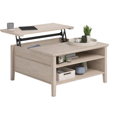 Brown Lift - Top Coffee Table With Oak Like Finish, For Work Brainstorming, Hidden Storage Books, Open Shelving, Finished All Around, Space Saving In Small Think Tanks, 36.14X19.29 Inches Table,