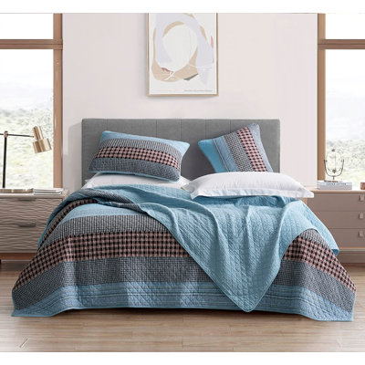 Red/Blue Pre-Washed Cotton Striped Quilt Set