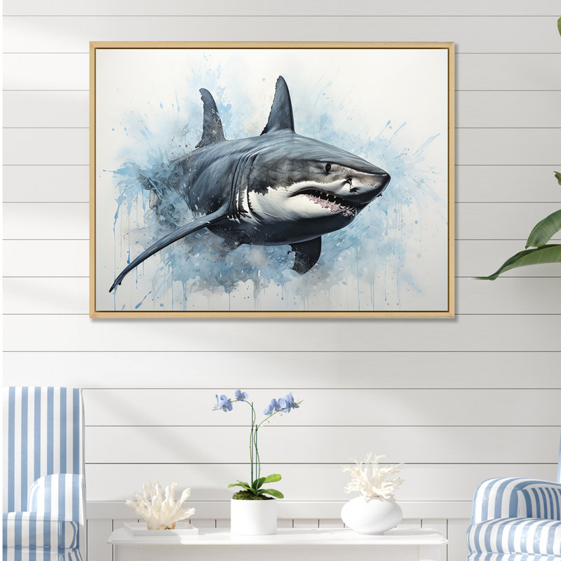 " Minimalism Blue Shark Painting I ", Natural Floater Framed, 16" H x 32" W x 1" D
