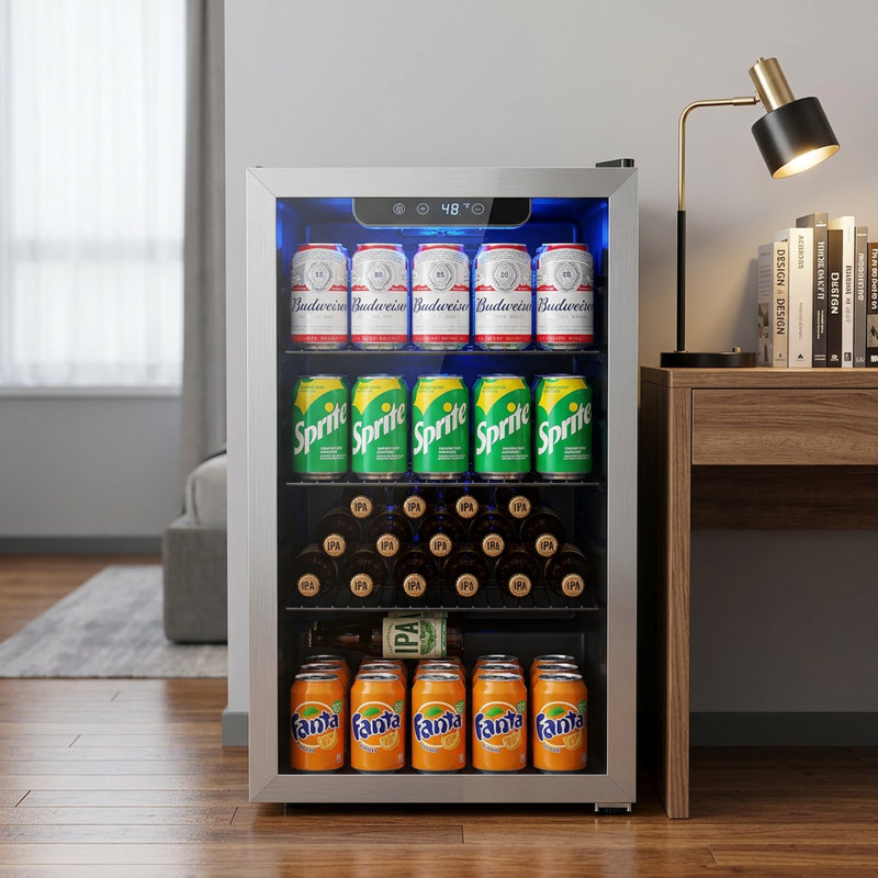 17.32'' W 3.2 Cu.ft Beverage Refrigerator, Drink Fridge with 26 Bottle, Touch Button, 32°F-61°F, Quiet <38dB, LED, Removable Shelves