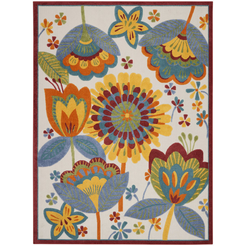 Tapis floral intérieur jaune / bleu / rouge intérieur / extérieur, Rectangle 7 pi x 10 pi