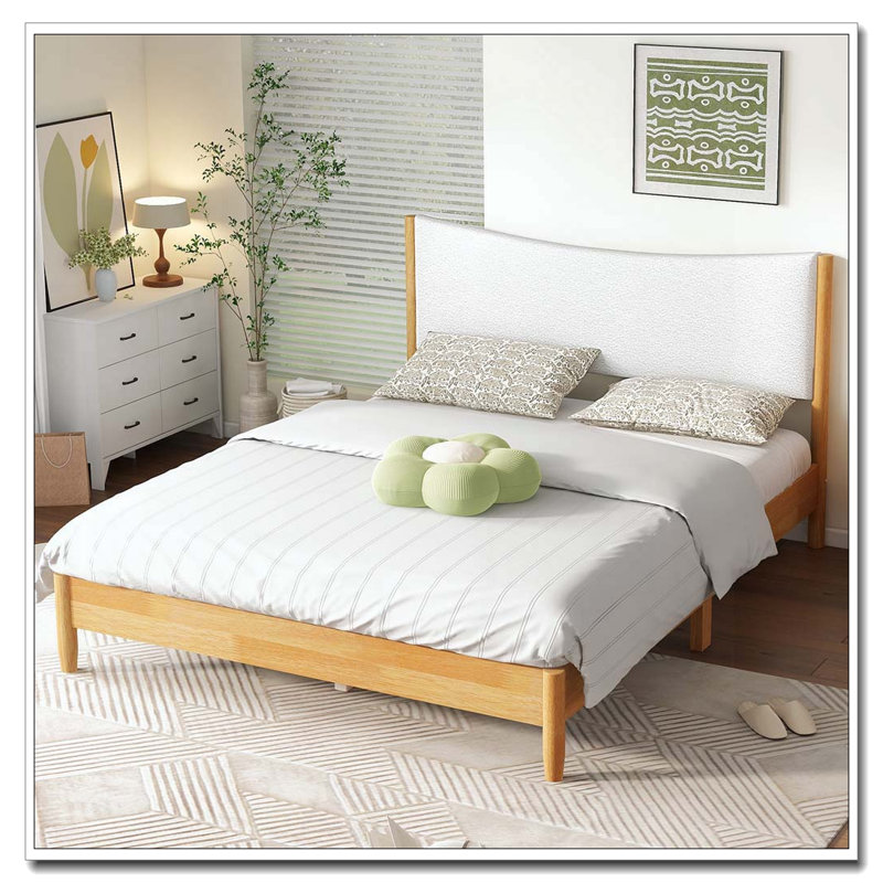 Grand lit en bois d'hévéa massif avec tête de lit tapissier Boucle