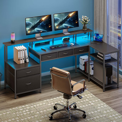 Bureau en L avec tiroir classeur et support pour moniteur, bureau personnel avec prises de courant et lumières DEL