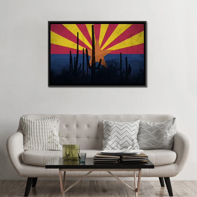 Drapeau de l'Arizona, Cactus grunge, impression sur toile, H 18 po x l 26 po x P 1,5 po, Toile avec cadre noir, Pas de tapis