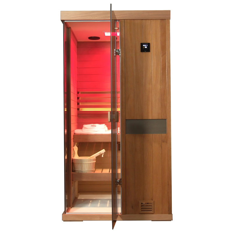 Samsora 1-Person Indoor Steam Saunas with Red Light Therapy, 2500W/240V, 95℉-230℉ Temp Range, Mahogany Wood, Built-In Bluetooth Speaker, Includes Sauna Heater and Sauna Stone, Negative Ion Technology