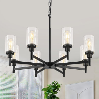 Modern Farmhouse Chandelier With Clear Glass Shades,  Industrial Hanging Fixture For Dining Room, Kitchen Island, Living Room, And Staircase