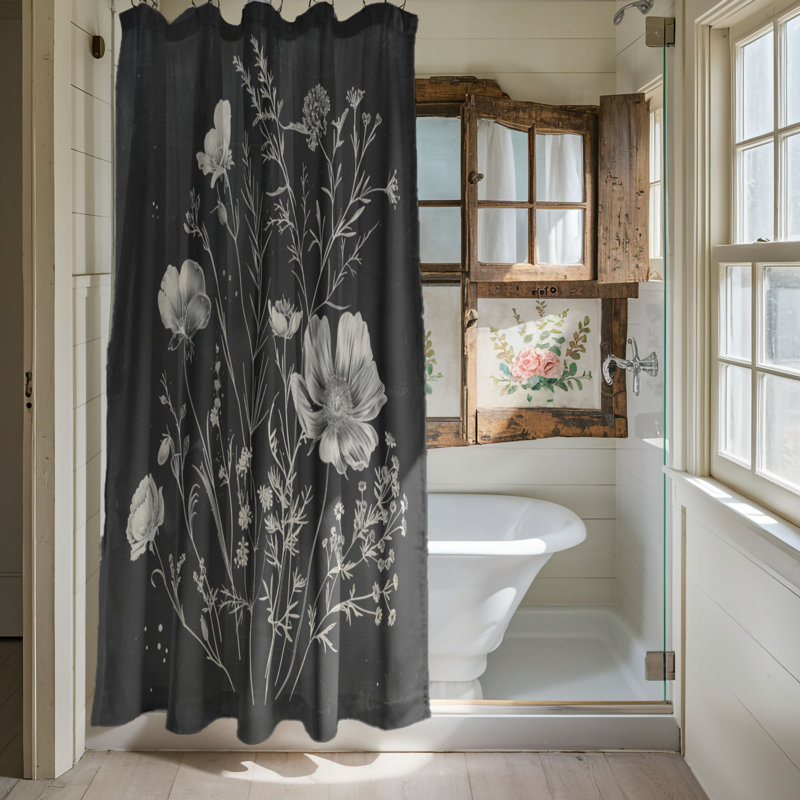 Rideau de douche standard 1 pièce Black White Flower Designs, H 74 po x l 71 po