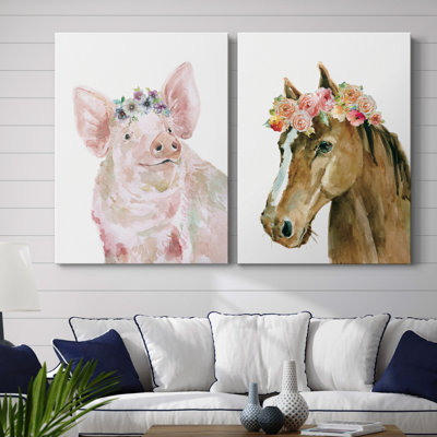 Cochon couronne de fleurs - ensemble de 2 peintures