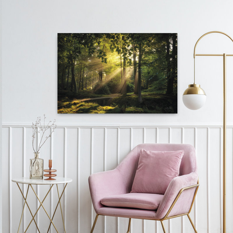 Pont vers la lumière, art contemporain de paysage forestier, H 24 po x l 36 po