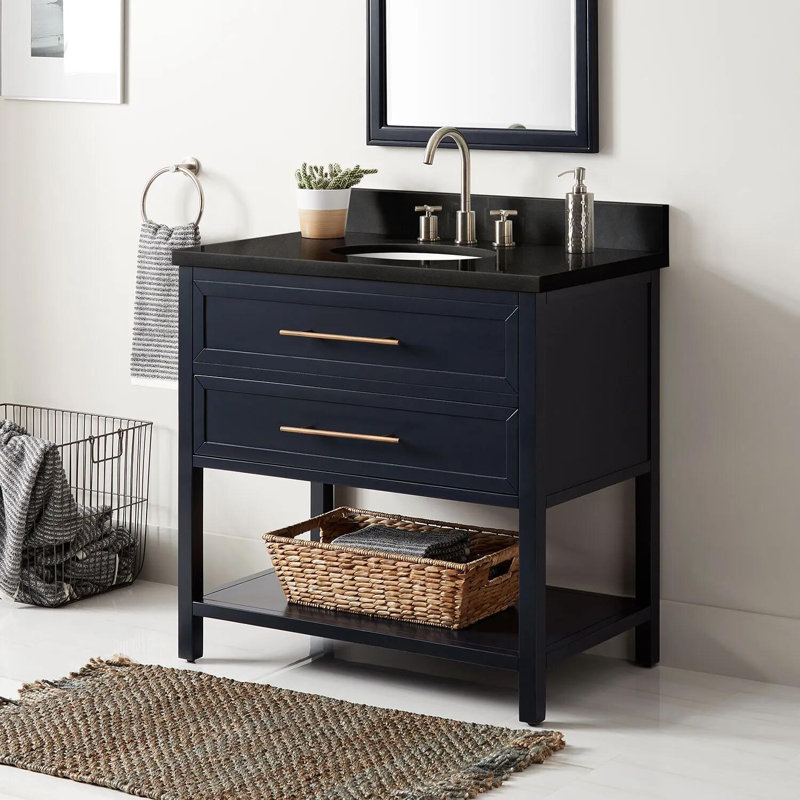 36" Robertson Single Bathroom Vanity Set with Oval Undermount Sink, 8" Widespread, Feathered White Quartz, Midnight Navy Blue