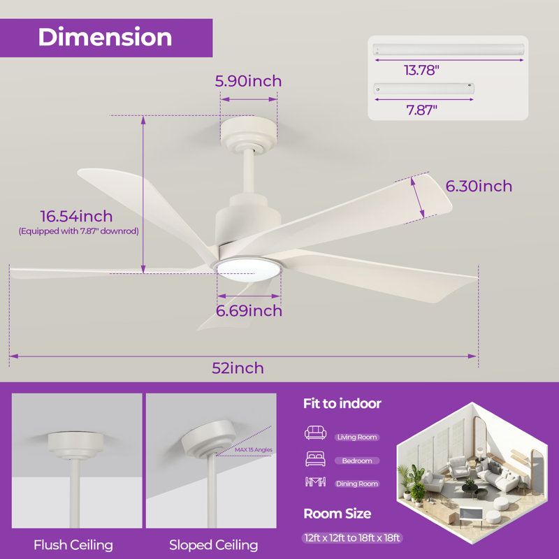 Karlena 52'' Modern Large Ceiling Fan With Led Lights And Remote Control, App, Timer, Memory, White with Pearl White Blade