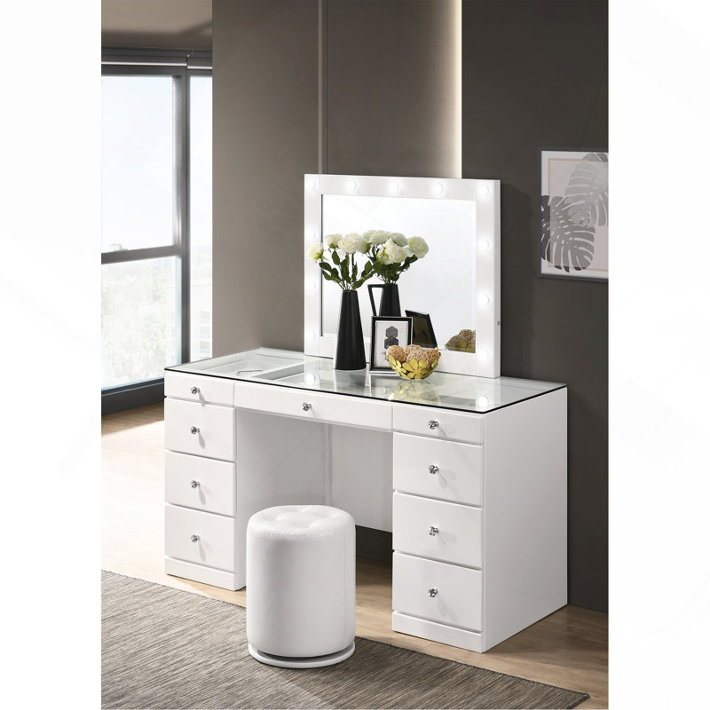 1Pc Glam Makeup Vanity Table Glass Top 9 Drawers Knobs White Wooden Bedroom Furniture, White