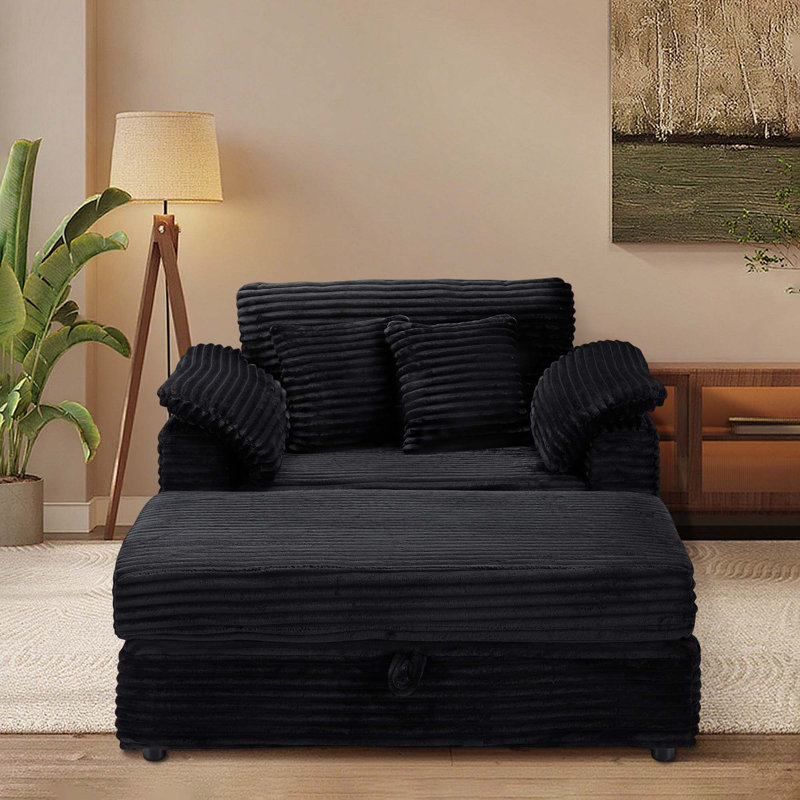 47.24" Corduroy Upholstered Sofa With Storage Ottoman, Black