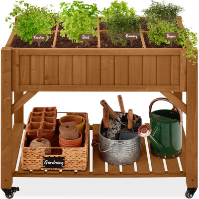 Roselean Elevated Mobile Pocket Herb Garden Bed Planter w/ Lockable Wheels, Storage Shelf
