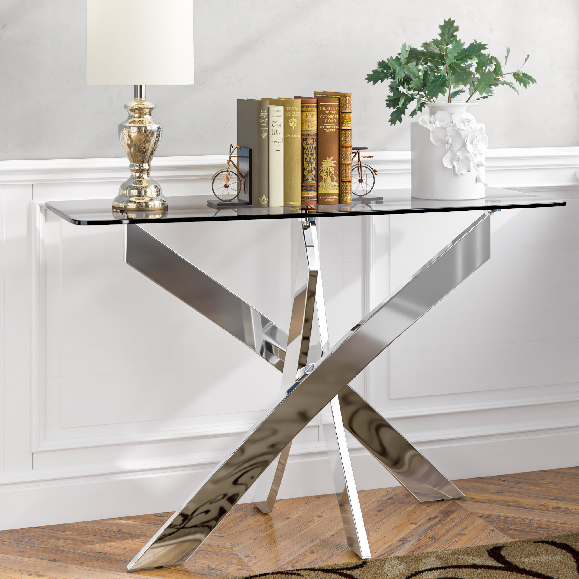  SICOTAS Glass Console Table with Shelves - Modern Glass  Entryway Table with Chrome Leg - Accent Narrow Silver Console Table for  Living Room, Sofa Table and Hallway Entry Table, Easy Assembly