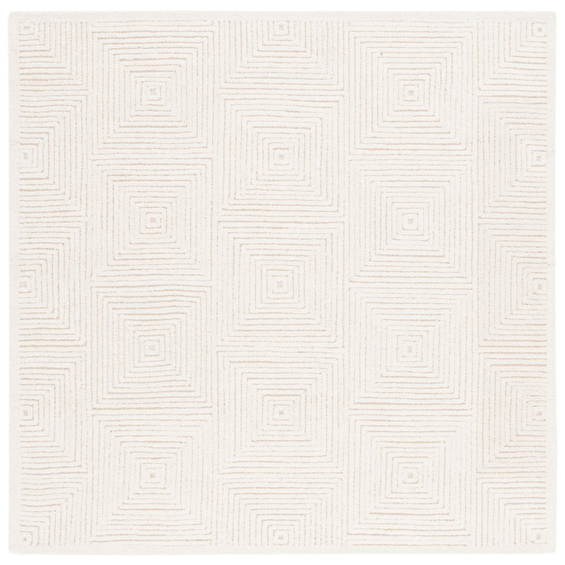 Tapis ivoire en laine et coton touffeté à la main à motif géométrique Hattie, Carré 10 pi
