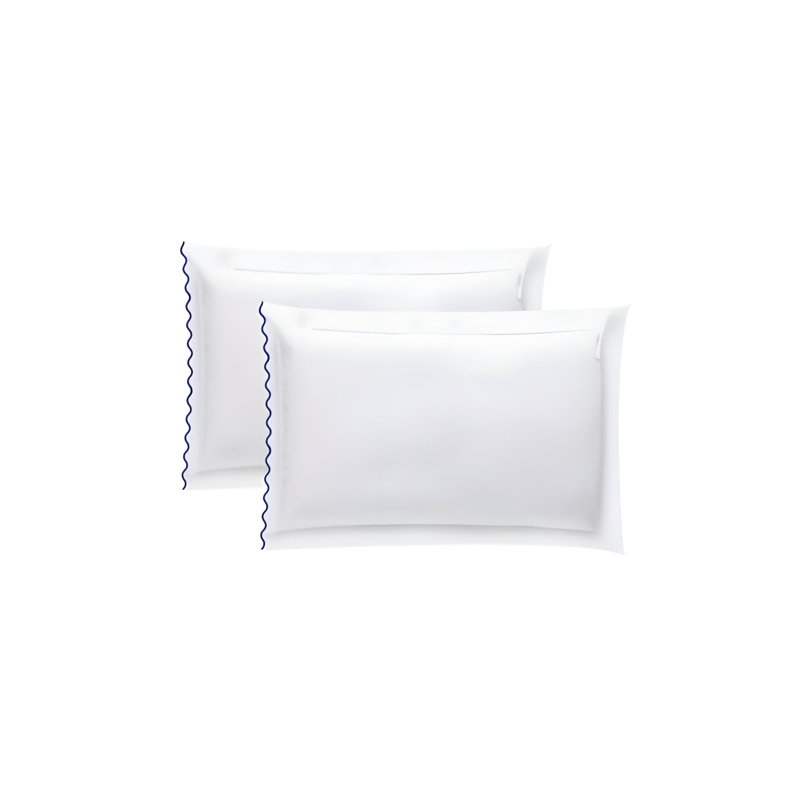 400TC Small Scallop Embroidery Cotton Pillowcases (Set Of 2), White/Navy Blue