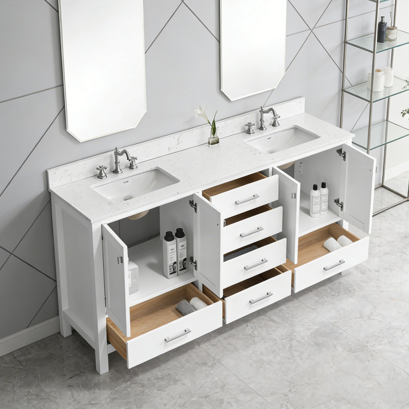 Meuble-lavabo double 72 po avec comptoir en pierre, Blanc