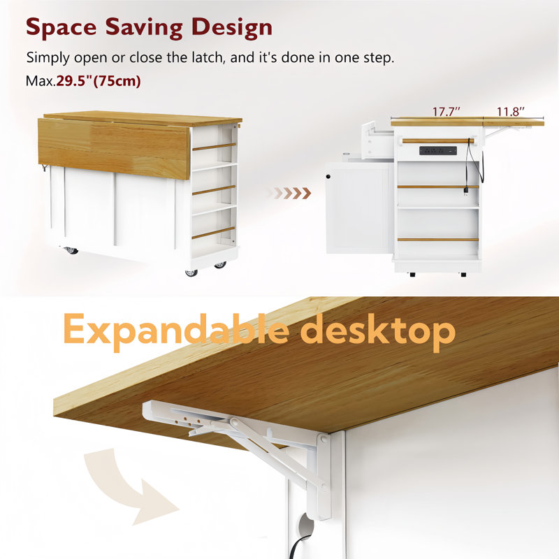 48inch Large Kitchen Island With 2 Bar Stools, Power Outlet, Door Internal Storage Rack, Kitchen Storage Cart For Kitchen,dining Room,white