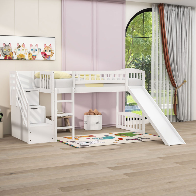 Twin Size Loft Bed With Staircase And Convertible Slide, White