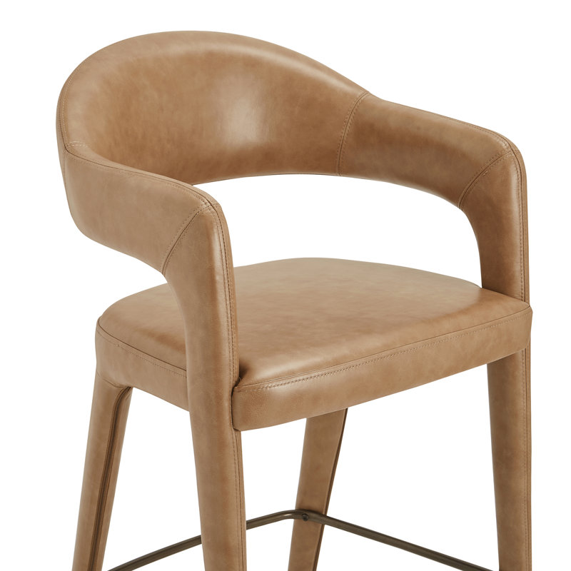Cathline Upholstered Stool, Counter Stool (26.4" Seat Height), Brown Genuine Leather