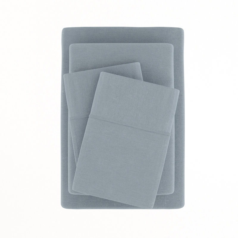 Linen Bamboo-Blend Breathable Luxury Bed Sheet Set, Light Blue, Twin Sheet Set + Fitted Sheet + 1 Pillowcase