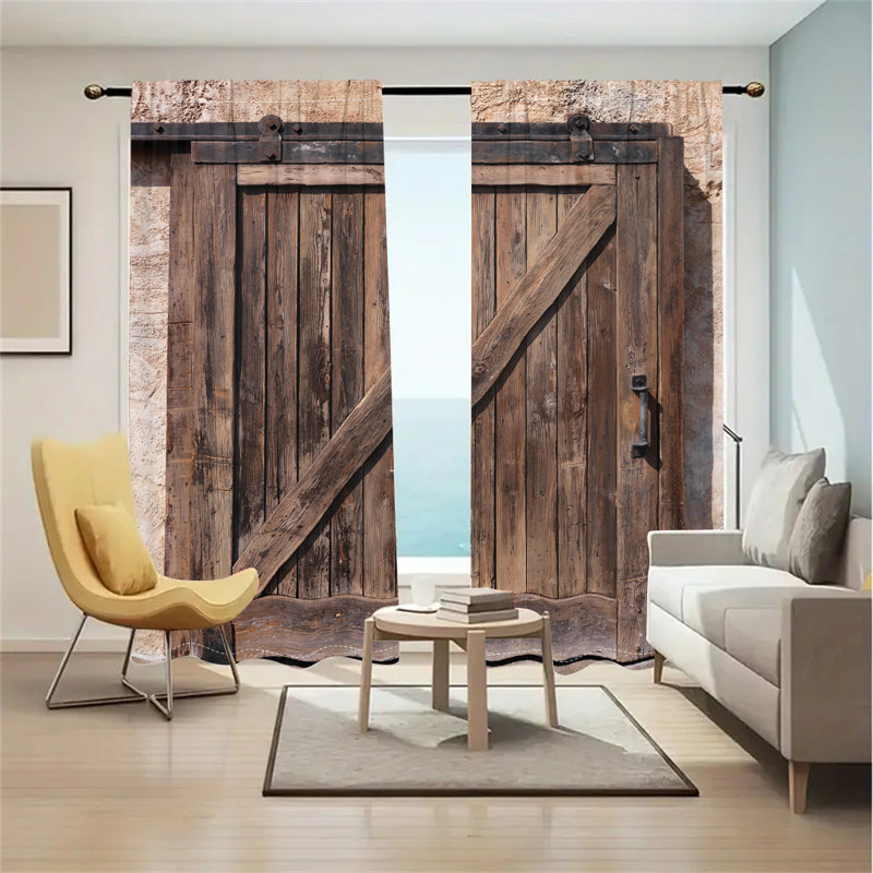 2Pcs Rustic Barn Door Window Curtains Vintage Wooden Gate Pattern Farmhouse Style Room Divider Curtain Panels Rod Pocket Country Home Decor for Living Bedroom Kitchen Dining