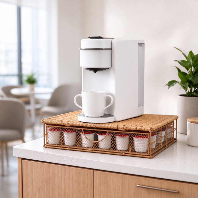 Porte-gobelet en rotin tressé à la main, tiroir à café pour Keurig, organisateur de station de café tissé synthétique avec tiroir coulissant lisse, rangement compact pour un comptoir de cuisine et un bureau