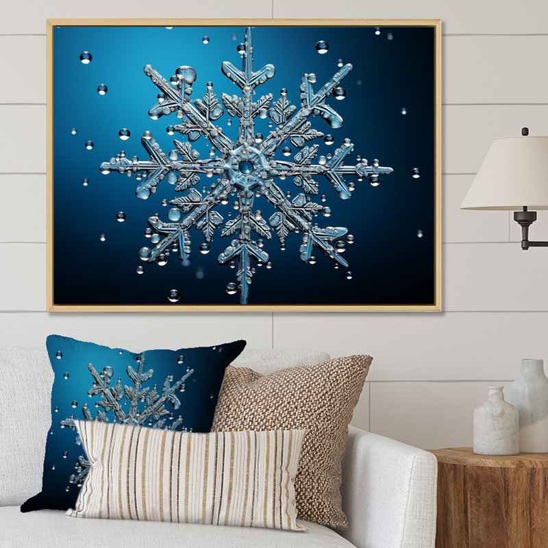 Décoration de flocon de neige bleu II - paysage d'hiver, Cadre flottant blanc, H 34 po x l 44 po x P 1,5 po