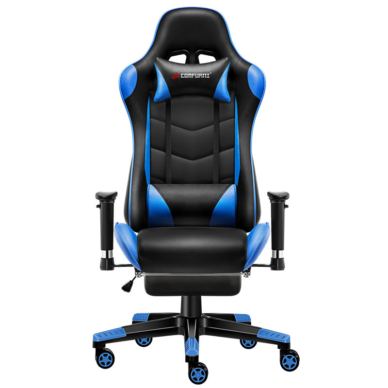 JL Comfurni JD-S0 Adjustable Reclining Ergonomic Faux Leather Swiveling PC & Racing Game Chair with Footrest, Black/Blue