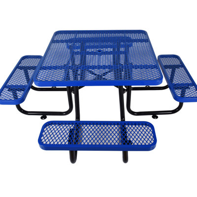 Table de pique-nique d'extérieur carrée en acier bleu 46 po avec parasol - Robuste pour la pêche et le plaisir Pique-niques en métal