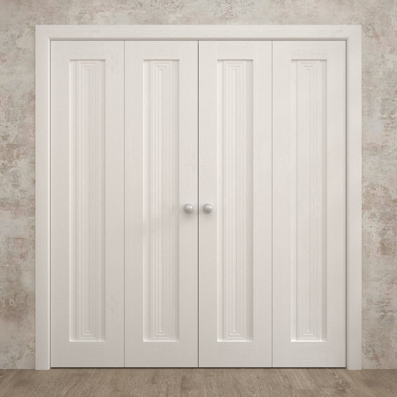 Portes coulissantes doubles pliantes pour placard 72 x 96 pouces Ego 5006 en chêne blanc peint, rails robustes, moulures, garnitures, quincaillerie, bois massif, portes de placard de chambre à coucher