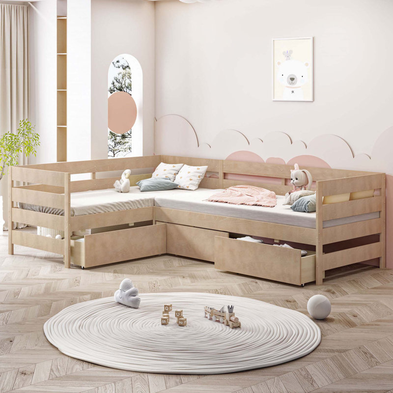 Lit plateforme simple en forme de L avec trois tiroirs de rangement, Naturel