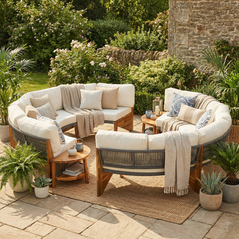 3-Piece Outdoor Conversation Sofa Set for 6, 2 Semi-Circle Weather-Resistant Patio Couch Set with Side Tables for Backyard