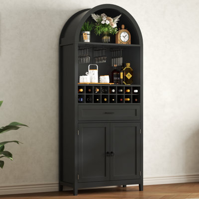 75.7" Tall Arched Wine Bar Cabinet, Bar Liquor Cabinets With Glass Holders & Wine Rack, Kitchen Pantry Cabinet W/Drawer & Shelves