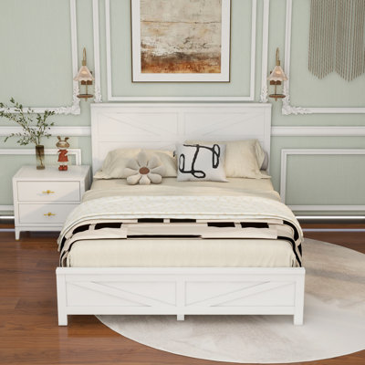 Tête de lit et pied de lit de style campagnard grand avec porte de grange de style campagnard, lit en bois de pin avec cadre de lit renforcé, blanc