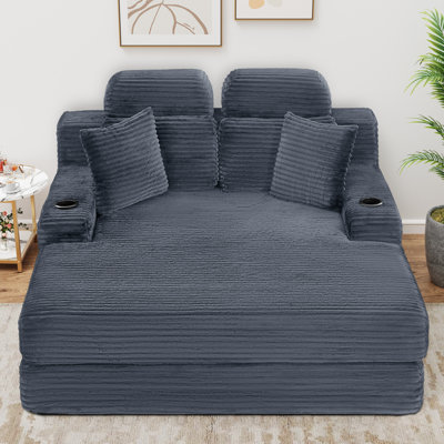 63.8" Oversized Compression Corduroy Chaise Lounge, Deep Seat Sleeper Sofa with Headrest, Cup Holder & Side Pocket, No Assembly Required
