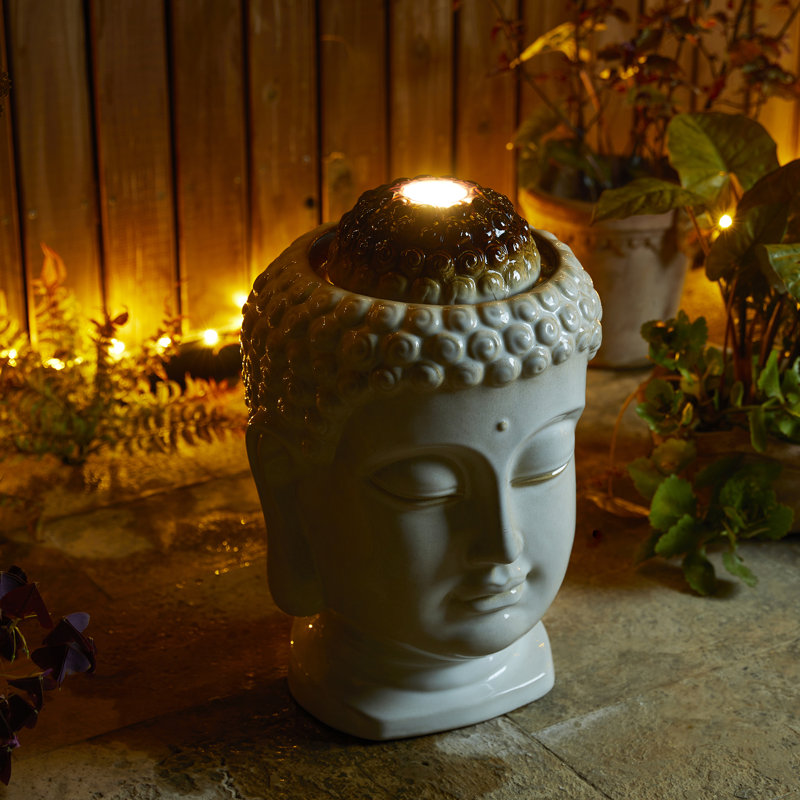 Fontaine d'extérieur avec lumières DEL, fontaine de table / tête de Bouddha de style zen H 18,75 po, céramique texturée beige sable