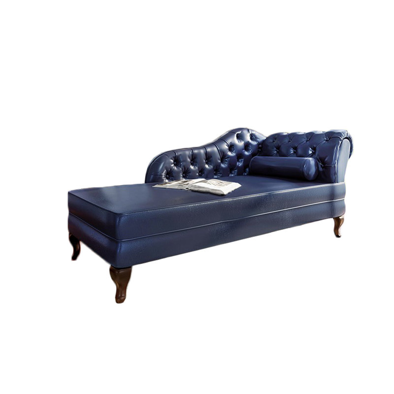Chaise longue classique rembourrée en similicuir, Bleu foncé, Brun noyer, Accoudoir à droite (vu de face)