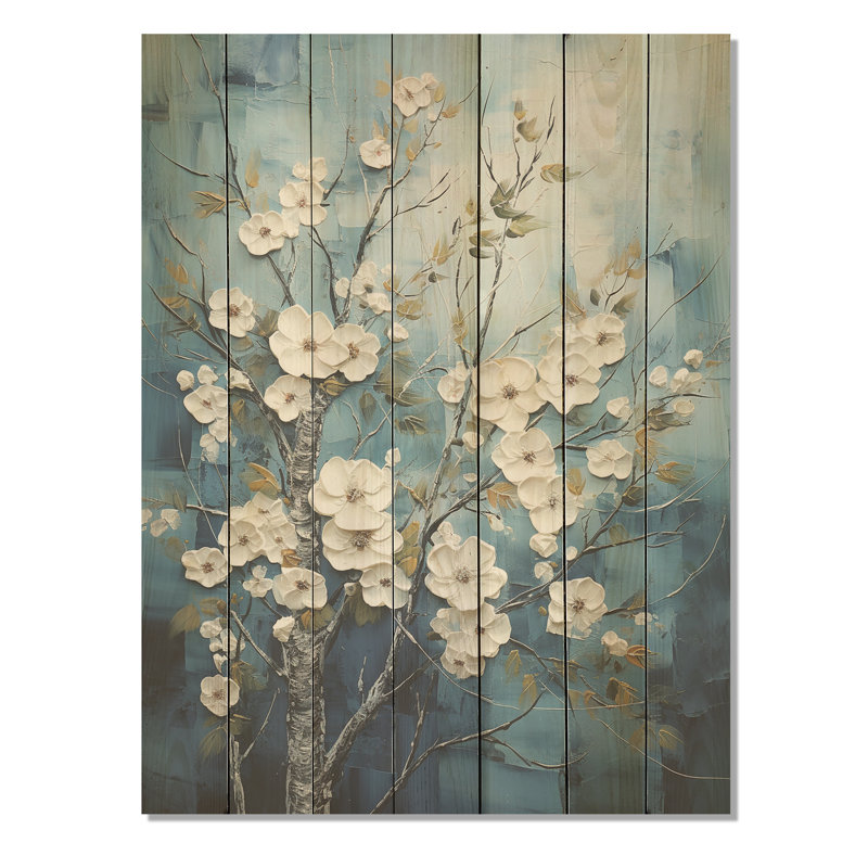 Fleurs d'hiver blanches et bleues - Forêt sur bois, H 32 po x l 24 po