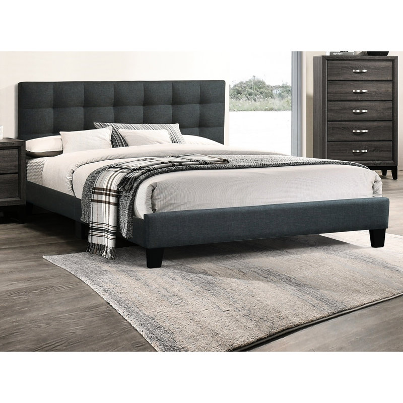 Queen Size Bedroom Bed With Polyfiber Charcoal Headboard And Stable Frame Upholstered Solid Wood Base, Charcoal, Queen