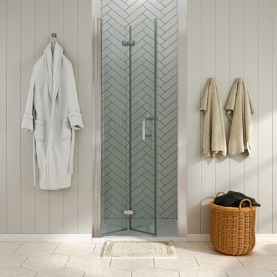 Portes de douche pliantes sans cadre, de 89 à 92 cm de largeur x 183 cm de hauteur, en nickel brossé avec verre trempé transparent de 6 mm.